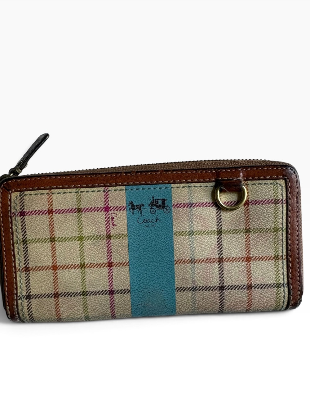 Coach Plaid Zip Wallet with Blue Center Stripe and Brown Trim